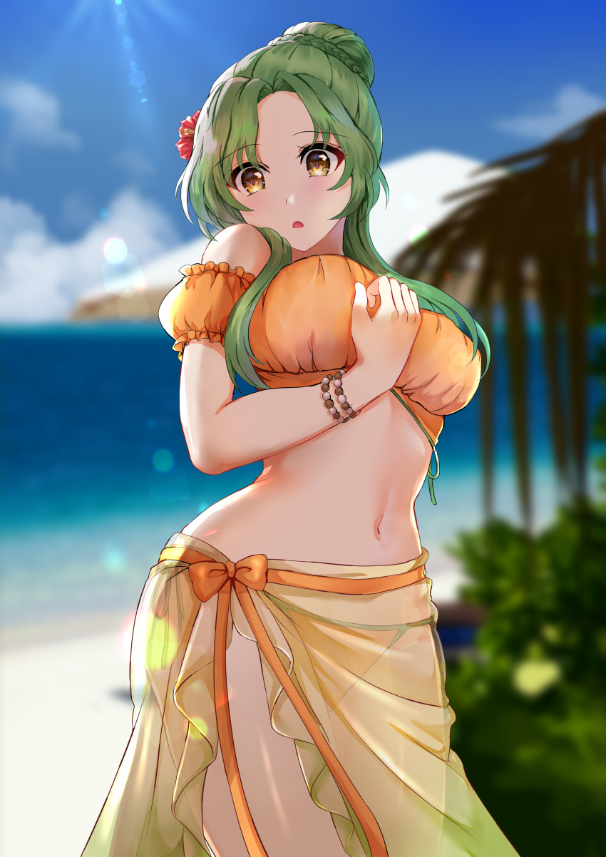 1girls absurdres alternate_costume alternate_version_available bare_midriff bare_shoulders bare_thighs beach bead_bracelet beads bikini blue_sky blurry blurry_background bracelet breasts brown_eyes cloud commentary_request cowboy_shot day elincia_ridell_crimea elincia_ridell_crimea_(summer) female female_only fire_emblem fire_emblem:_path_of_radiance fire_emblem:_radiant_dawn fire_emblem_heroes flower green_hair hair_bun hair_flower hair_ornament highres jewelry large_breasts long_hair looking_at_viewer midriff navel nintendo ocean off-shoulder_bikini off_shoulder official_alternate_costume open_mouth orange_bikini orange_swimsuit outdoors parted_lips partial_commentary puffy_short_sleeves puffy_sleeves red_flower sarong see-through short_hair short_sleeves sky solo standing stomach swimsuit tara_(szzj7733) thighs water yellow_eyes