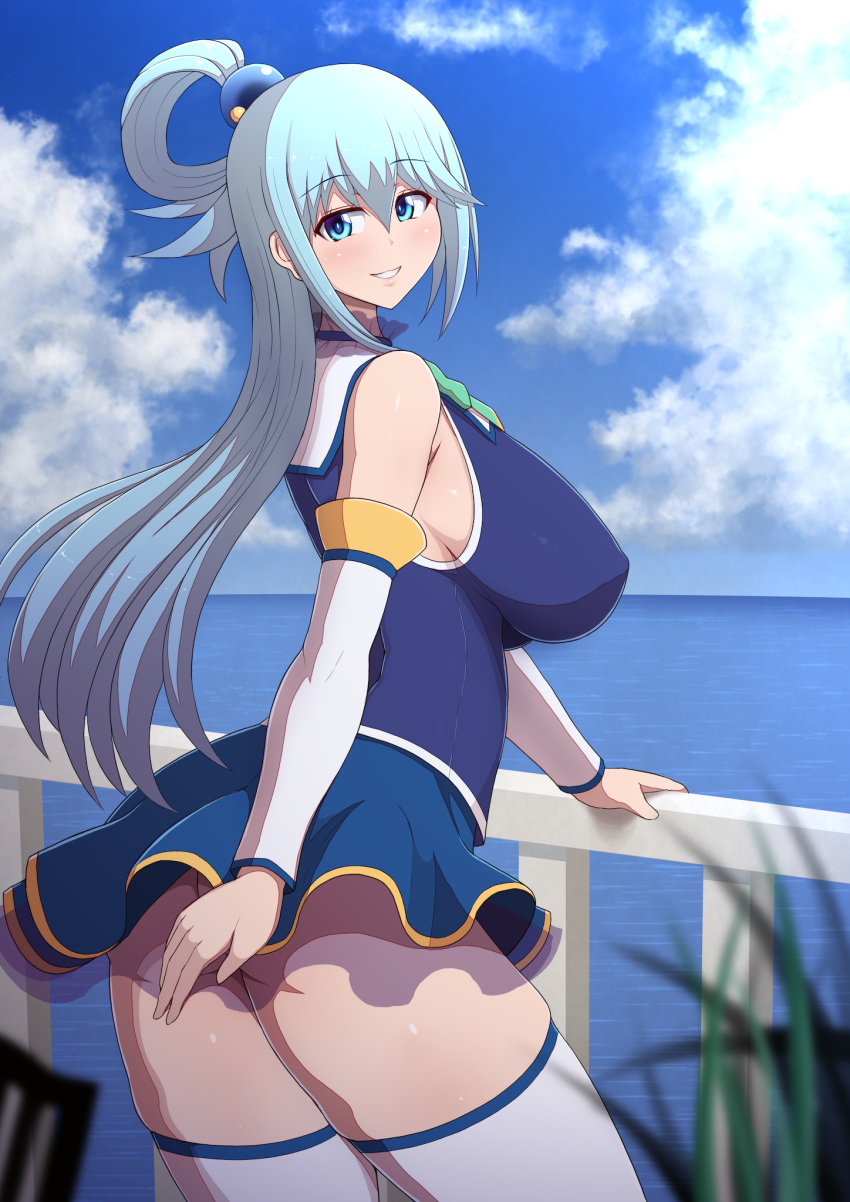 1girls aqua_(konosuba) ass blue_eyes blue_hair blush kono_subarashii_sekai_ni_shukufuku_wo! large_ass large_breasts long_hair long_sleeves looking_at_viewer miniskirt nipple_bulge nipples ponpo ponponmaru ponytail sleeves_past_elbows solo solo_female thick_thighs thighhighs thighs uncensored white_legwear white_sleeves white_stockings wide_hips