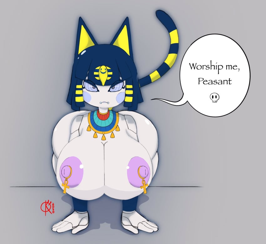 animal_crossing ankh ankha ankha_(animal_crossing) ass_from_the_front ass_peek big_ass big_breasts blue_eyes blue_sclera breasts_out breasts_squeeze catgirl cosplay dialogue doll doll_joints female female_focus female_only huge_ass huge_breasts ichigo_ink leaning_forward light-skinned_female light_skin nintendo nipple_ornament nipple_piercing nipples original original_character pale-skinned_female pale_skin patchy_(ichigo_ink) puffy_nipples quakeartnsfw robot robot_girl skull solo solo_focus