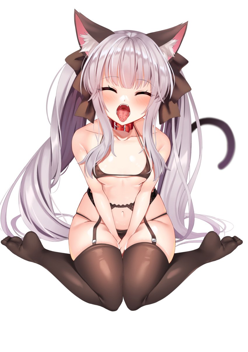 :o animal_ear_fluff animal_ears bare_arms bare_shoulders between_legs bikini black_bikini bow breasts brown_legwear cat_ears cat_girl cat_tail choker closed_eyes collarbone facing_viewer fangs female female garter_belt grey_hair hairbow halter_top halterneck highres long_hair maze_yuri navel no_shoes open_mouth original red_choker sitting skindentation small_breasts solo stomach strap_gap string_bikini swimsuit tail thighhighs tongue tongue_out twintails very_long_hair wariza