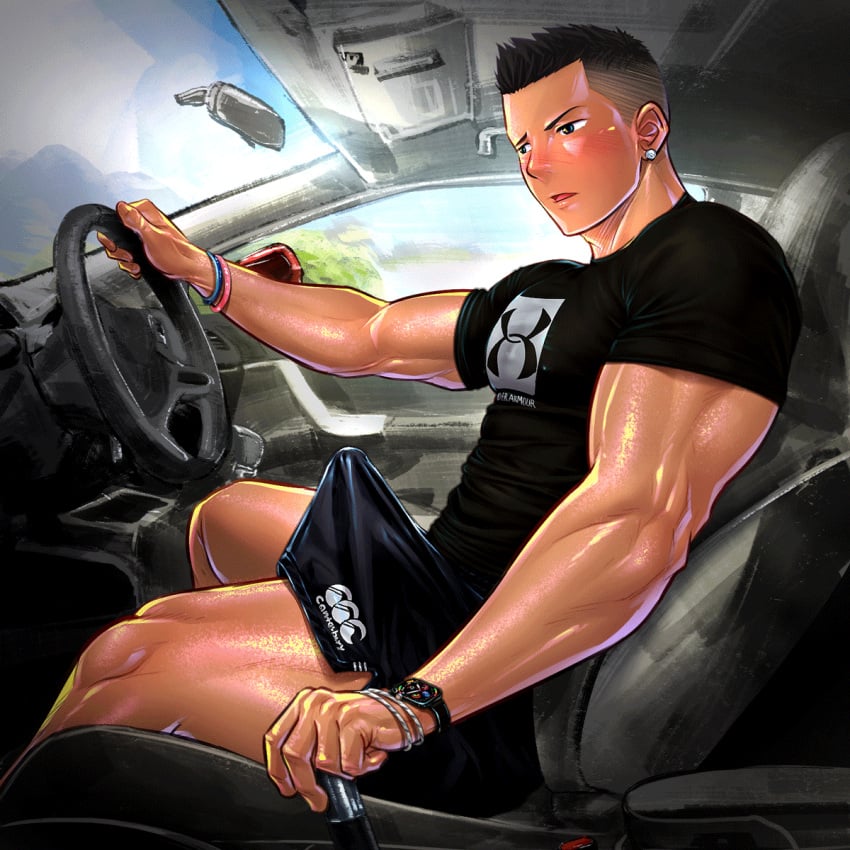 1boy animated artisticjinsky bara black_hair blue_eyes blush car driving ear_piercing earrings erect_nipples erect_nipples_under_clothes erection erection_under_clothes inside_car light-skinned_male light_skin male male_only muscles muscular muscular_arms muscular_legs muscular_male muscular_thighs pierced_ears piercings short_hair solo solo_focus solo_male tight_clothing tight_fit