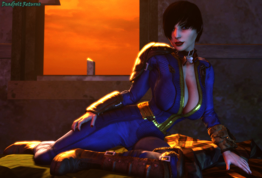 3d bioshock bioshock_infinite black_hair blue_eyes burial_at_sea busty clothing computer crossover deadboltreturns electronics elizabeth_comstock fallout female female_focus female_only hourglass_figure human jumpsuit pale-skinned_female pale_skin pip-boy vault_suit wide_hips wristwear