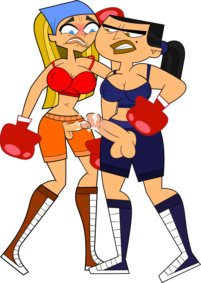 2futas accurate_art_style angry beauty_mark big_breasts big_penis big_thighs boxing boxing_gloves boxing_shorts bra_strap_down breasts cartoon_network cleavage clenched_teeth clothed clothing cum curvy duo erection eva_(tdi) fight fresh_tv futa_only futanari gloves human human_only lindsay_(tdi) looking_at_penis midriff mostly_clothed nipple_bulge nipples nipples_visible_through_clothing official_style penis penis_cutout penis_size_difference pennsatucky ponytail red_boxing_gloves red_gloves scared sex_fight size_difference small_penis sports_bra sportswear standing straps_off_shoulders tan-skinned_futanari tan_skin tank_top teletoon thighs tied_hair total_drama_island