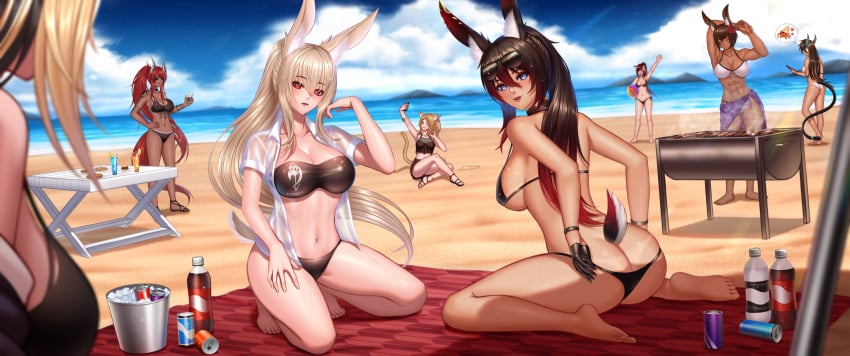 ar9tea bbq beach beach_party bikini bikini_top black_hair blonde_hair brown_hair bunny_ears bunny_girl choker cyborg demon_girl drinks grill half-scoop_gloves helixel_(character) horns kirih kirih_(sword_scream) kirih_shiraishi latex muscular_female red_hair tattoo two_tone_hair