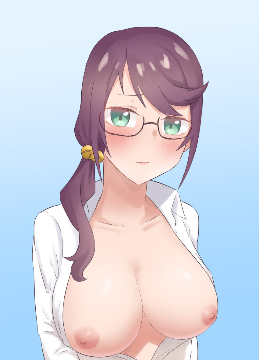 absurdres bangs blush braid breasts closed_mouth collarbone collared_shirt cy_(cyjo_claudine) female glasses gradient gradient_background green_eyes highres hoshimi_junna large_breasts looking_at_viewer low_ponytail nipples no_bra open_clothes open_shirt purple_hair shirt shoujo_kageki_revue_starlight side_ponytail solo