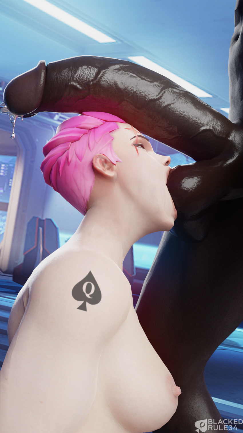 1boy 1girl1boy 1girls 3d balls big_penis blackedr34 blender breasts dark-skinned_male female hi_res highres huge_cock humiliating_tattoo indoors interracial light-skinned_female naked nipples overwatch penis pink_hair precum precum_drip queen_of_spades sucking sucking_testicles tattoo testicles veiny_penis zarya