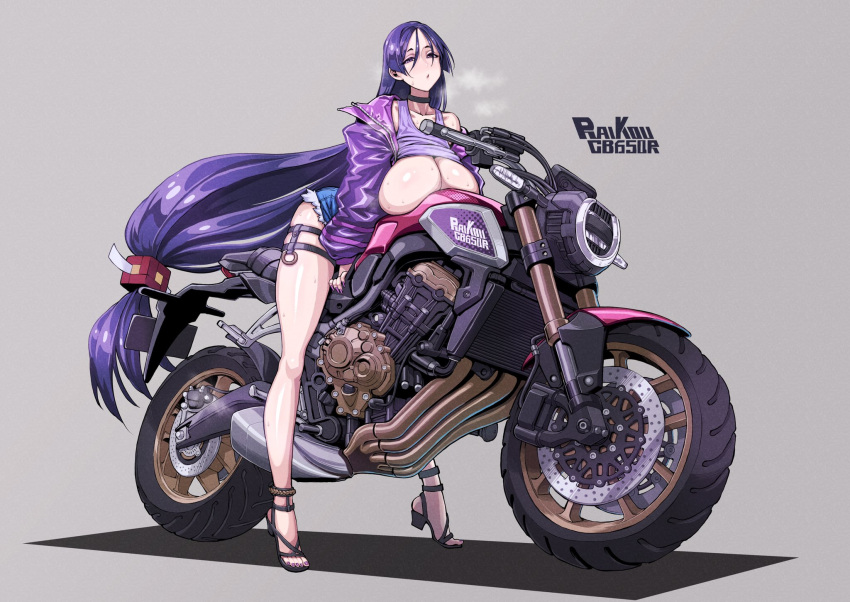 1girls big_breasts breasts breasts_out breasts_outside busty fate/grand_order fate_(series) female female_only heavy_breathing heels huge_breasts jacket jeans large_breasts legs long_hair long_legs milf minamoto_no_raikou_(fate/grand_order) motorcycle motorcycle_jacket older_female purple_hair short_jeans shorts steam steamy_breath thick_legs thigh_strap tied_hair vehicle vehicle_focus violet_hair wheels yuki90286