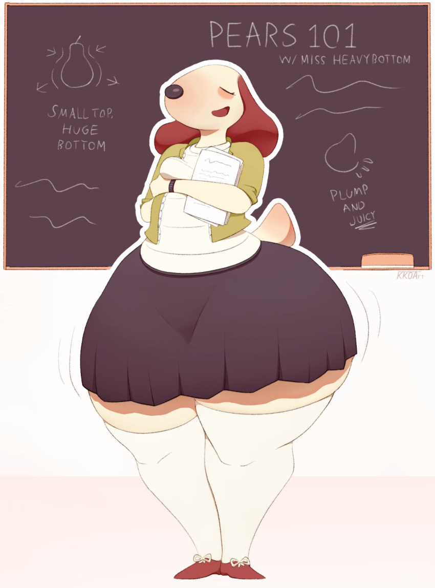 anthro anthro_only ass big_butt bottomwear canid canine canis chalkboard closed_eyes clothing domestic_dog english_text female hi_res huge_ass huge_thighs kkoart mammal ms._heavybottom no_humans pear_shaped skirt small_breasts solo teacher text thick_thighs wide_hips