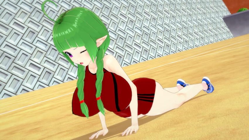 1girls 3d ahoge alternate_breast_size alternate_costume brick_wall exercise exercise_clothing female female_only fire_emblem fire_emblem_awakening green_hair large_ass large_breasts manakete nah_(fire_emblem) nintendo one_eye_closed pointy_ears purple_eyes push-up rhcpftw shadow sneakers solo sports_bra sportswear wall wide_hips