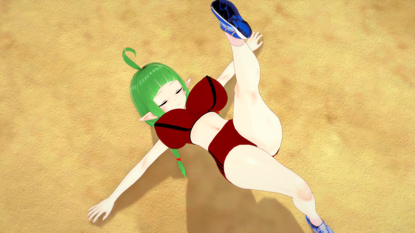 1girls 3d ahoge alternate_breast_size alternate_costume closed_eyes exercise exercise_clothing female female_only fire_emblem fire_emblem_awakening green_hair large_ass large_breasts laying_on_back leg_lift manakete nah_(fire_emblem) nintendo pointy_ears rhcpftw sneakers solo sports_bra sportswear stretching wide_hips