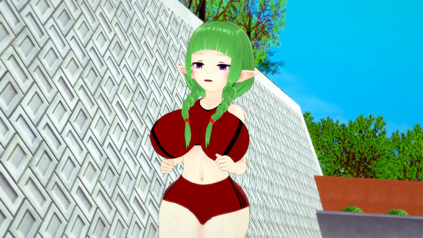 1girls 3d ahoge alternate_breast_size alternate_costume blush brick_wall exercise exercise_clothing female female_only fire_emblem fire_emblem_awakening green_hair large_ass large_breasts manakete nah_(fire_emblem) nintendo open_mouth pointy_ears purple_eyes rhcpftw solo sports_bra sportswear wall wide_hips