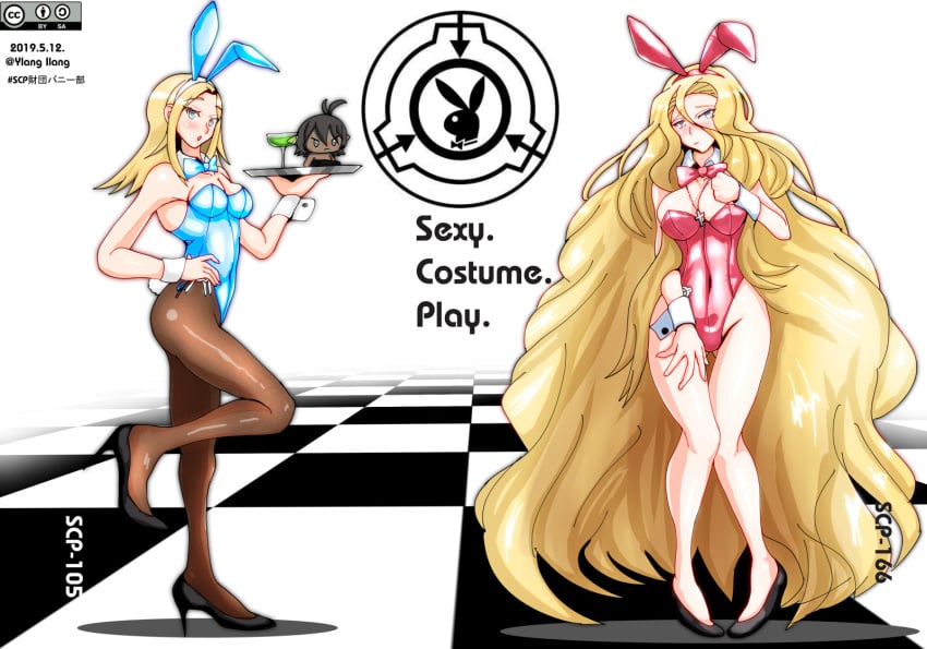 1boy 2girls able_(scp) black_high_heels blonde_hair blue_bunny_ears blue_ribbon bunny_ears bunny_girl bunnysuit collar english english_text epon_clef high_heels iris_thompson navel red_bunny_ears red_bunnysuit red_ribbon ribbon scp scp-076 scp-076-2 scp-105 scp-166 scp-166-arc scp_containment_breach scp_foundation text third_subdivision_studios very_long_hair white_background white_collar ylang_ilang