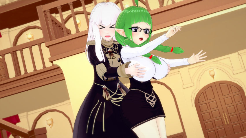 >_< 2girls 3d ahoge alternate_breast_size alternate_costume bannister big_breasts blush braids breasts closed_eyes door double_breast_grab double_door female female_only fire_emblem fire_emblem:_three_houses fire_emblem_awakening garreg_mach_monastery_uniform glasses green_hair groping groping_from_behind large_ass large_breasts lysithea_von_ordelia manakete multiple_girls nah_(fire_emblem) nintendo open_mouth pointy_ears purple_eyes rhcpftw school school_uniform shortstack stairs white_hair wide_hips