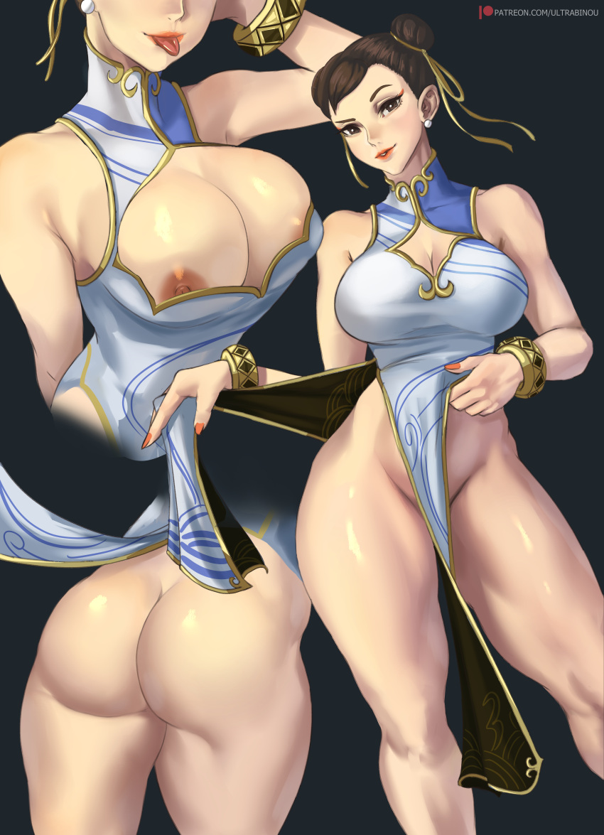 1girls 2022 absurd_res areola_slip areolae ass breasts brown_eyes brown_hair capcom china_dress chun-li chun-li_(street_fighter_6) female female_only hips huge_ass huge_breasts large_areolae large_breasts looking_at_viewer naughty_face nipples no_panties short_hair simple_background slim_waist street_fighter street_fighter_6 thick_thighs thighs thunder_thighs twin_buns ultrabinou wide_hips