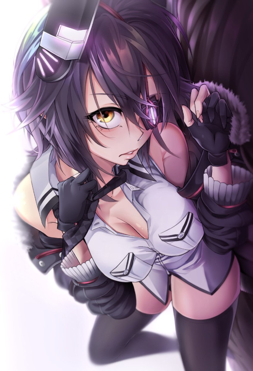 black_hair breasts brown_eyes cleavage dark_hair female highres kantai_collection kid_(artist) necktie open_clothes petite seductive_eyes seductive_look tenryuu_(kantai_collection) thighhighs yellow_eyes zettai_ryouiki