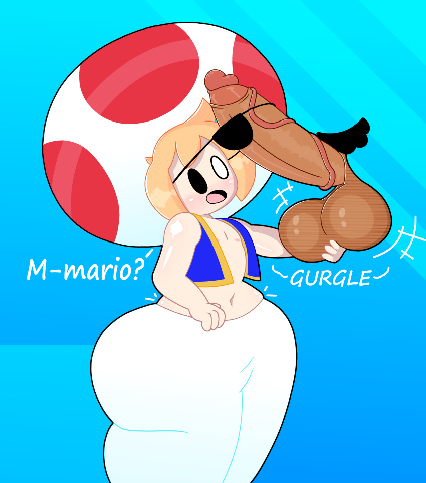 2boys balls big_ass big_balls big_penis black_eye blonde_hair blue_background curvy curvy_body dick eye_patch eyepatch femboy gay huge_ass huge_cock humanoid_penis light_skin male male/male male_only mario mario_(series) mushroom mushtache penis pulling red_dot senor9 surprised surprised_expression thick_ass thick_thighs toad_(mario) white_eye white_jacket white_pants wide_hips