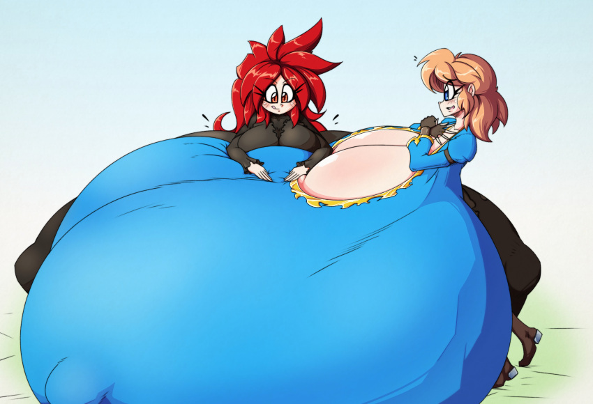 2girls blush breasts_bigger_than_body breasts_bigger_than_head breasts_bigger_than_torso breasts_on_floor enormous_breasts gigantic_breasts groping huge_breasts hyper hyper_breasts immobile long_hair massive_breasts nosmir princess_zelda_(cosplay) short_hair tagme too_big too_big_to_move