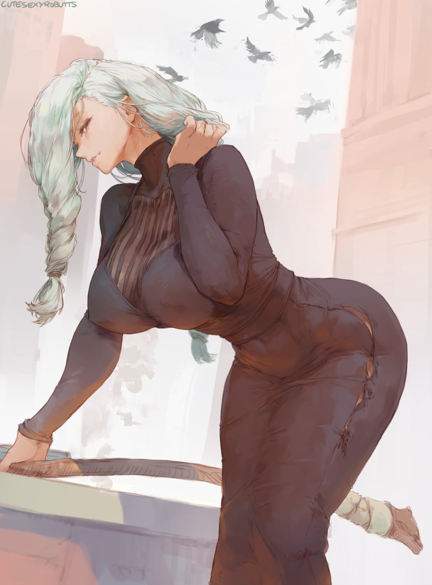 1girls 2022 absurd_res artist_signature ass asymmetrical_hair bending_over big_ass breasts clothed clothed_female cutesexyrobutts dress female female_only hips huge_breasts jujutsu_kaisen large_ass long_hair low-angle_view mei_mei_(jujutsu_kaisen) nipple_bulge slim_waist solo thick_thighs thighs tight_clothing tight_dress white_hair wide_hips