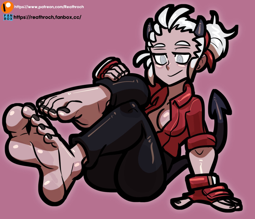 black_toenails cleavage demon demon_girl feet foot_fetish foot_focus hair_bun helltaker horn horns justice_(helltaker) reathroch tail white_hair