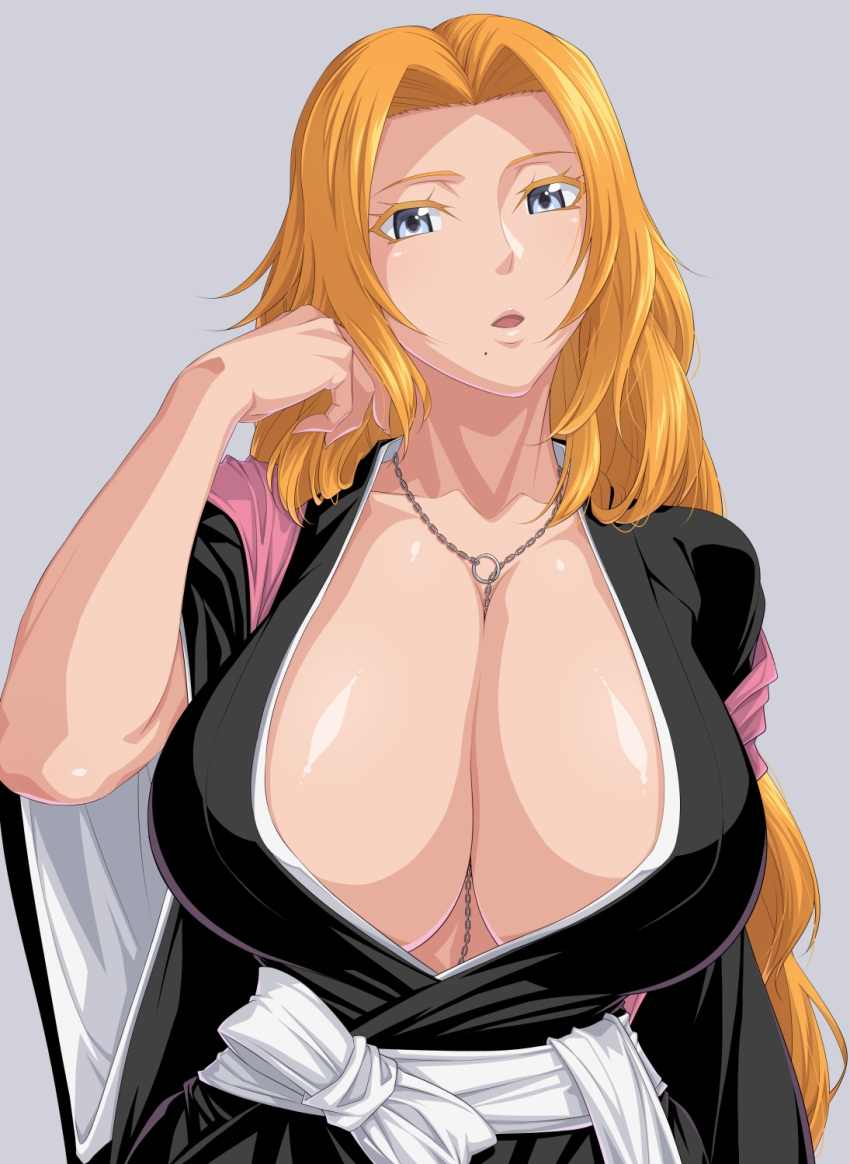 1girls beauty_mark belt bleach blue_eyes breasts breasts_bigger_than_head bust busty center_opening chain_between_breasts chain_necklace chains cleavage female female_only hanging_breasts high_resolution japanese_clothes kimono large_breasts long_hair matsumoto_rangiku mole mole_under_mouth necklace neckwear neckwear_between_breasts no_bra obi oppai orange_hair ozucat pinup robe sash scarf shiny shiny_hair shiny_skin solo solo_female solo_focus upper_body wavy_hair wide_sleeves