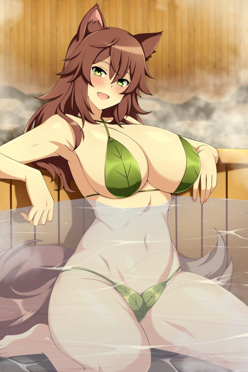 1girls animal_ears bathhouse big_breasts bikini blush breasts brown_hair choujin_koukousei-tachi_wa_isekai_demo_yoyuu_de_ikinuku_you_desu! female female_only green_eyes hi_res high_school_prodigies_have_it_easy_even_in_another_world! humanoid large_breasts leaf_bikini leaf_clothing light-skinned_female light_skin lindaroze long_hair looking_at_viewer milf monster_girl onsen sitting smile solo solo_female steam tail very_high_resolution water winona_(choujin_koukousei-tachi_wa_isekai_demo_yoyuu_de_ikinuku_you_desu!) wolf_ears wolf_girl wolf_tail