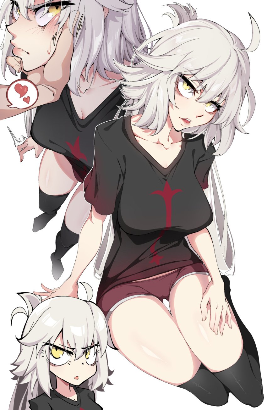 1boy 1boy1girl 1girls blush fate_(series) female gold_eyes jeanne_alter jeanne_d'arc_(fate) kid_(artist) long_hair looking_at_viewer multiple_views sitting thick_thighs thighhighs tomboy white_hair yellow_eyes zettai_ryouiki