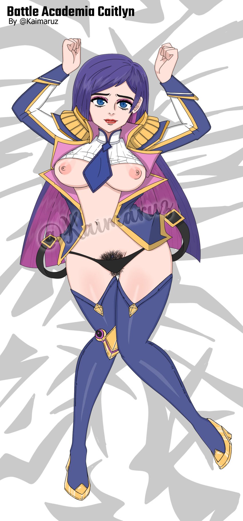 1girls anime_style battle_academia_caitlyn battle_academia_series blue_eyes caitlyn_kiramman dakimakura female kaimaruz league_of_legends parody pubic_hair purple_hair schoolgirl solo solo_female stockings