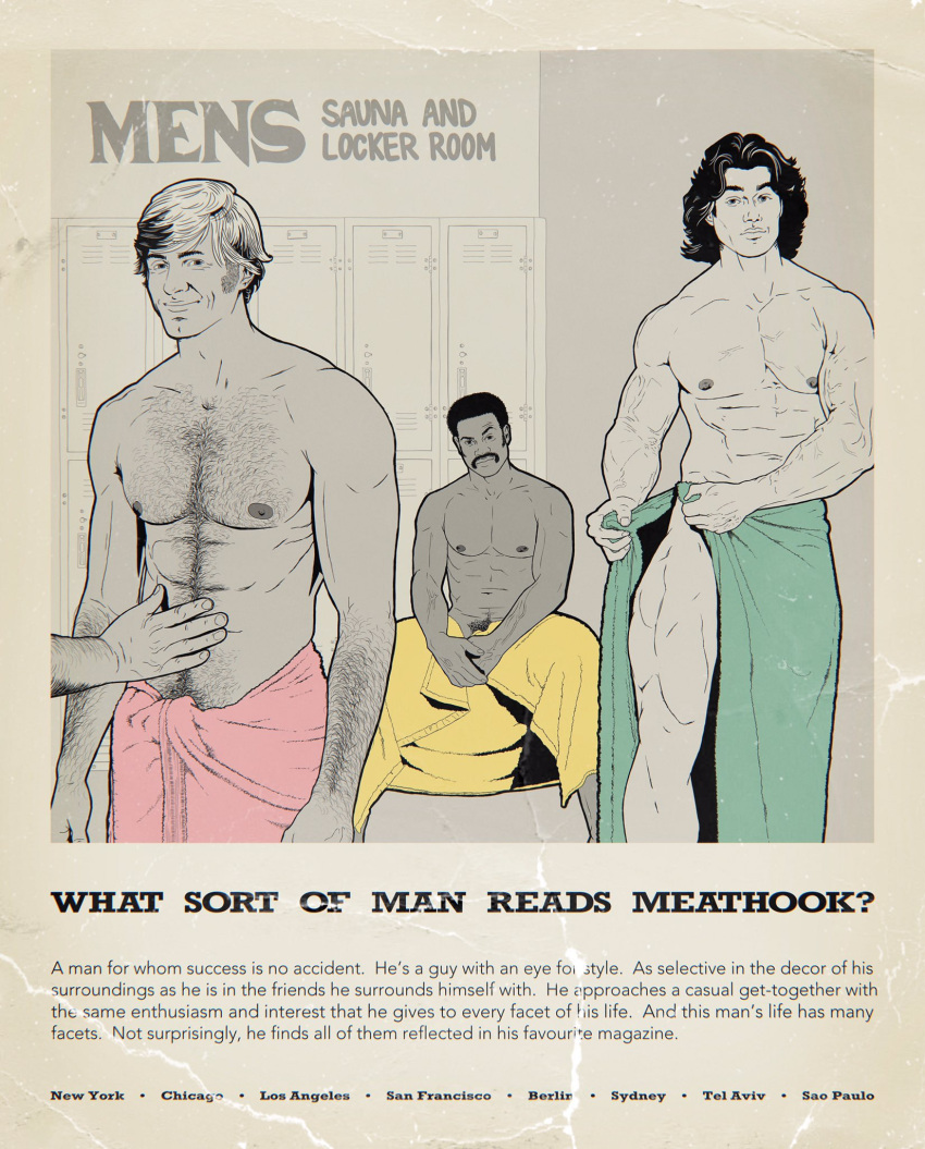 3boys locker_room magazine magazine_page meathook_magazine muscles muscular muscular_male text towel twitter_user_oc unnamed_character