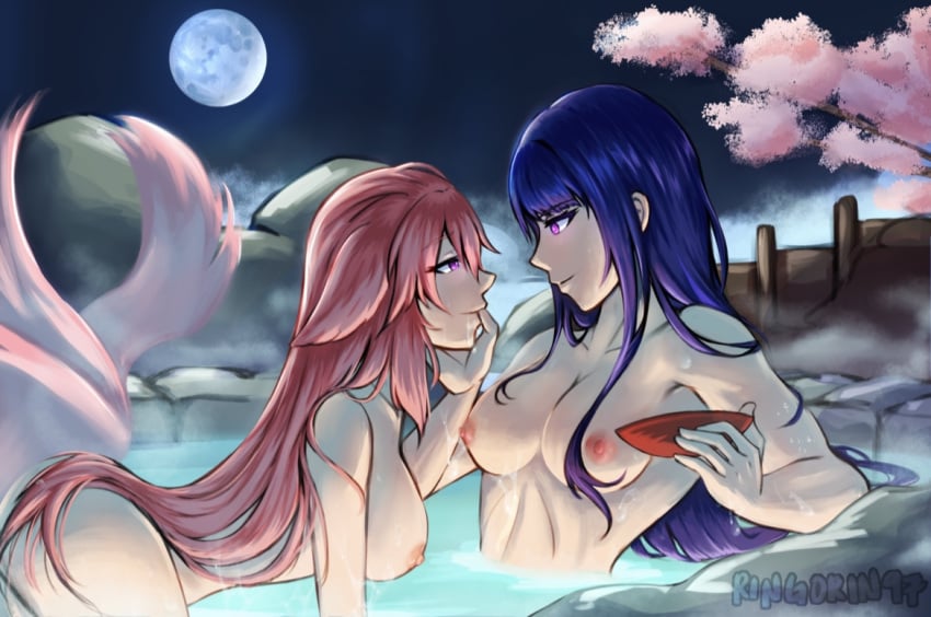 2girls bathhouse bathing breast_grab crawling female female_only fox fox_ears fox_girl fox_tail full_moon genshin_impact hot_spring imminent_sex kitsune multiple_girls naked night pink_hair purple_hair raiden_shogun sake sake_cup seductive_look staring_at_another touching_lip wet wet_skin yae_miko yuri