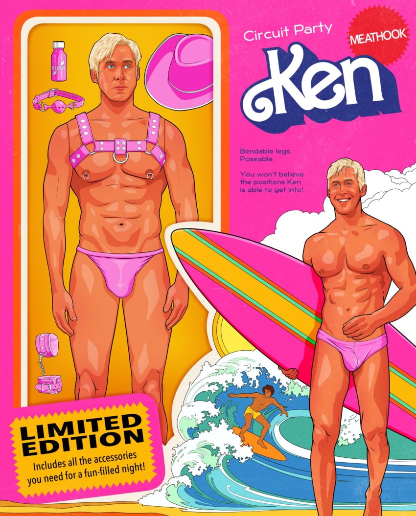 actor barbie_(2023) barbie_(franchise) bulge celebrity doll harness in_character ken_(ryan_gosling) ken_carson magazine_cover male male_only mattel meathook_magazine muscles muscular muscular_male pierced_nipples ryan_gosling speedo surfboard surfing thong