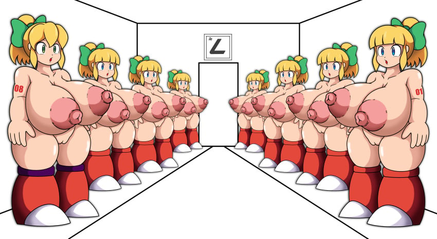 6+girls 8girls areola areolae blonde_hair blue_eyes breasts clones duplicated_character female female_only gigantic_breasts green_eyes hair_ornament hair_ribbon huge_breasts mega_man mega_man(classic) nipples nude ponytail pussy ribbon ribbon_in_hair robot robot_girl roll s1-14 shoes_only shortstack tagme take_your_pick thick_thighs vagina