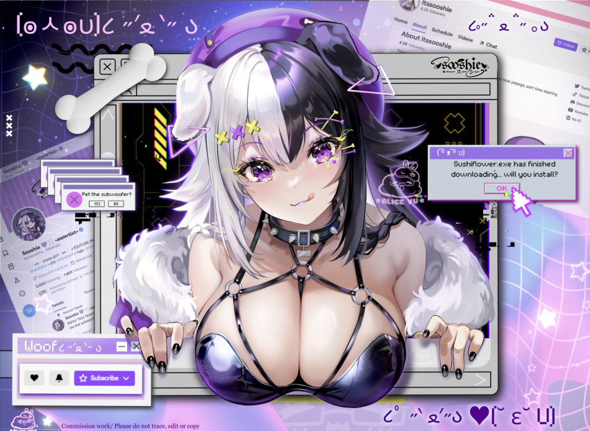 1girls alicevu134 animal_ears black_hair black_nails dog_ears female female_only glitch hair_ornament hat licking_lips light-skinned_female light_skin purple_eyes solo sooshie two_tone_hair virtual_youtuber white_hair