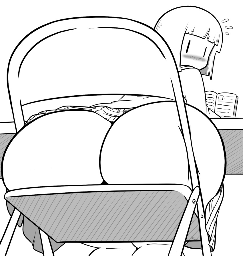 1girls ass_focus big_ass black_and_white blush digital_media_(artwork) female female_only flashing hi_res mob_face nichijou sekiguchi_yuria sitting sketch skirt skirt_up solo solo_focus stuck_in_chair xt_ecchi