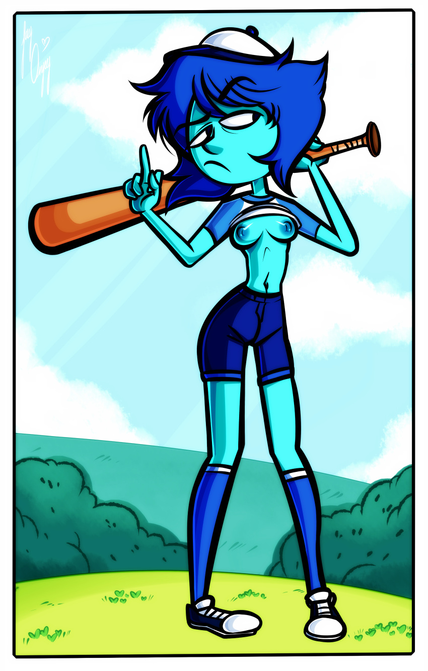 1girls 2019 absurd_res baseball_bat baseball_cap baseball_uniform blue_hair blue_skin breasts cartoon_network clothing commission digital_media_(artwork) female flashing flashing_breasts hat j-madeye jay-onjey lapis_lazuli_(bob) lapis_lazuli_(steven_universe) long_socks middle_finger nipples shirt_lift shorts solo solo_female steven_universe