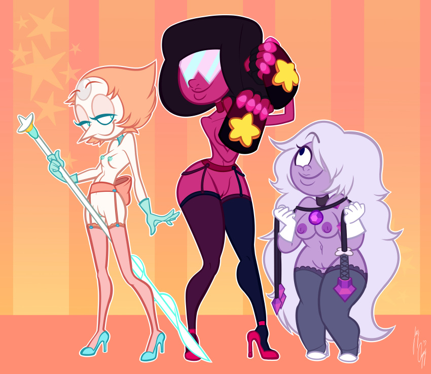 2019 3girls absurd_res amethyst_(steven_universe) black_hair blue_eyes blue_nipples breasts cartoon_network cat_o'_nine_tails choker collar digital_media_(artwork) exhibitionism female functionally_nude garnet_(steven_universe) garter_belt garter_straps gauntlet gauntlets gloves half-closed_eyes high_heels j-madeye jay-onjey long_hair multiple_girls nipples orange_hair pearl_(steven_universe) purple_hair purple_skin red_skin skimpy smile spear steven_universe thighhighs uncensored very_long_hair visor whip white_skin