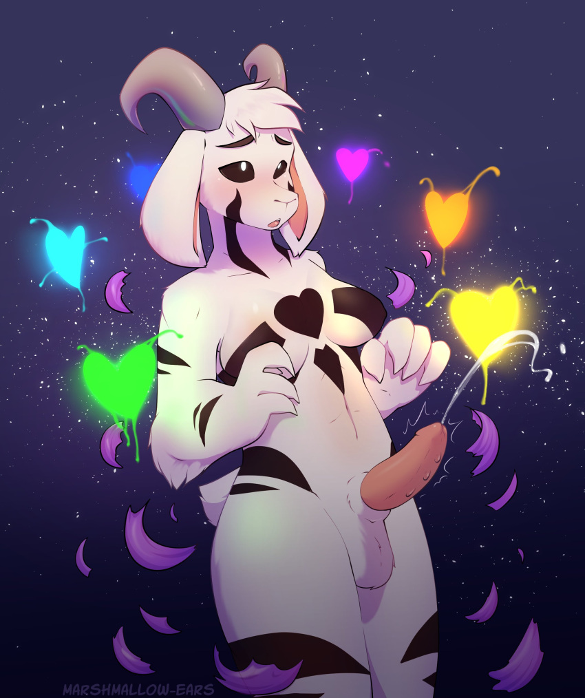 absurd_res animal_genitalia anthro asriel_dreemurr asriel_dreemurr_(god_form) balls black_sclera blush bodily_fluids boss_monster bovid breasts caprine clothing cum ejaculation erection fur futa_only genital_fluids genitals goat gynomorph hair hands-free hi_res horn intersex long_ears mammal marshmallow-ears medium_breasts nude sheath solo stripes tail_tuft torn_clothing tuft undertale undertale_(series) video_games white_body white_fur white_hair wide_hips