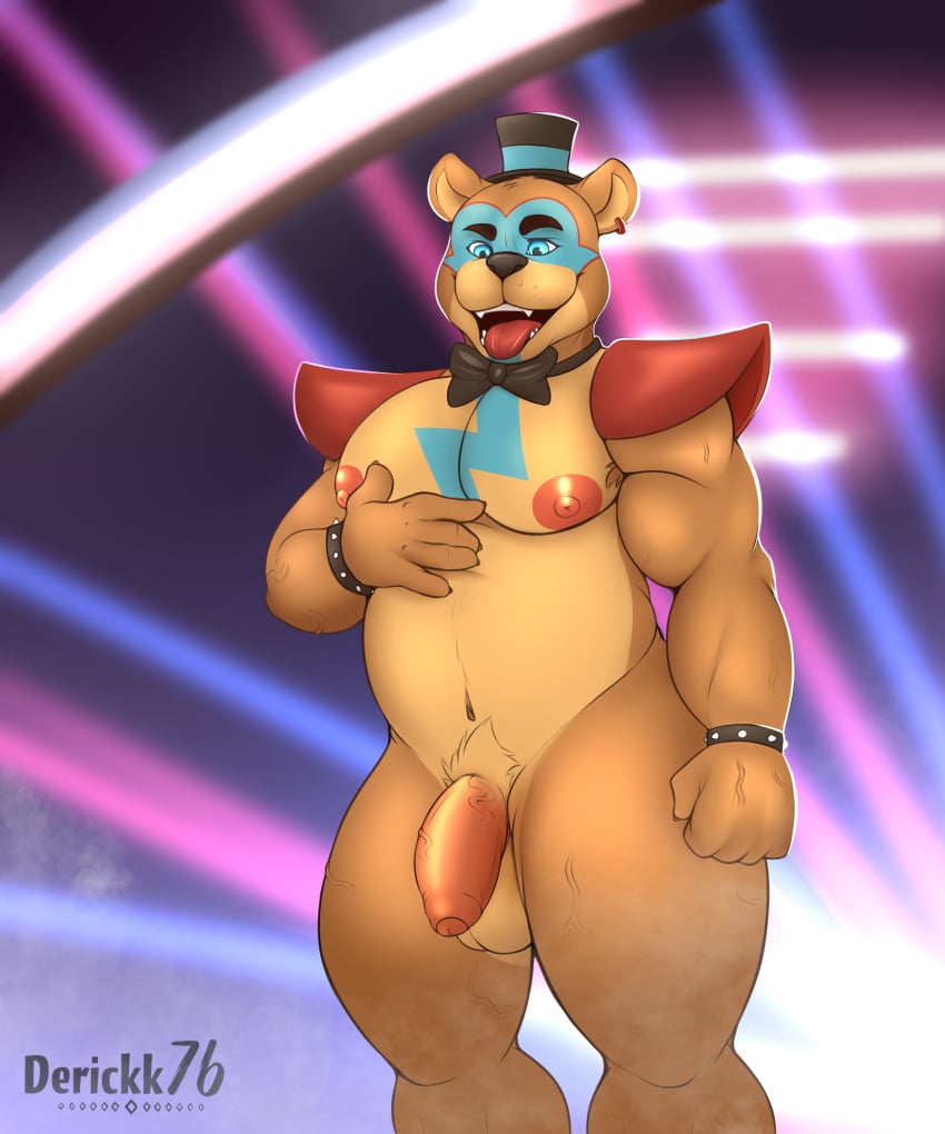 absurd_res animatronic anthro balls bara bow_tie deancrazz five_nights_at_freddy's five_nights_at_freddy's:_security_breach flaccid genitals glamrock_freddy_(fnaf) hi_res machine male male_only mammal penis robot scottgames solo thick_thighs tongue tongue_out ursid video_games