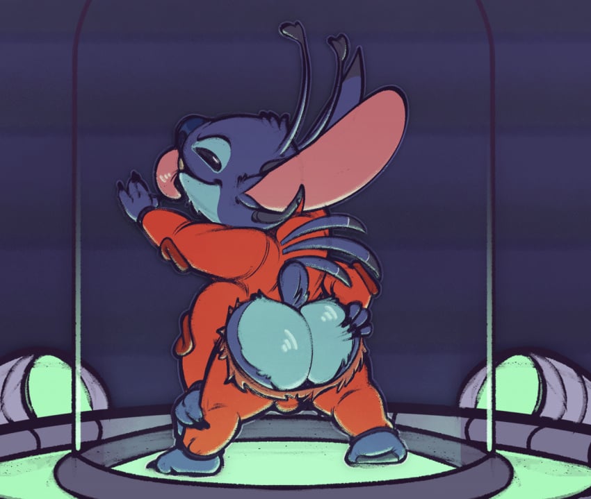 1boy alien anthro ass blue_body blue_fur clothing disney experiment_(lilo_and_stitch) fatzoimp fur glass_cage jumpsuit licking lilo_and_stitch male male_focus male_only male_solo naughty_face presenting presenting_hindquarters short_tail solo solo_male stitch tongue tongue_out torn_clothing