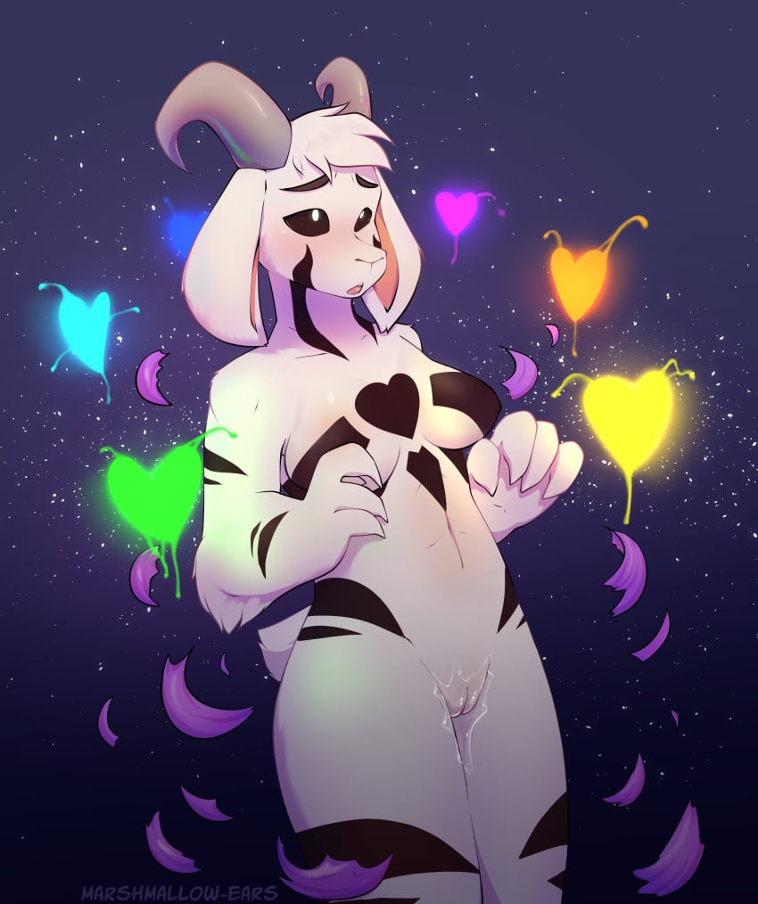 absurd_res animal_genitalia anthro asriel_dreemurr asriel_dreemurr_(god_form) black_sclera blush bodily_fluids boss_monster bovid breasts caprine clothing ejaculation female female_asriel fur furry genital_fluids genitals goat hair hands-free hi_res horn long_ears mammal marshmallow-ears medium_breasts nude pussy pussy_juice rule_63 sheath solo solo_focus stripes tail tail_tuft tongue torn_clothes torn_clothing tuft undertale undertale_(series) video_games white_body white_fur white_hair wide_hips