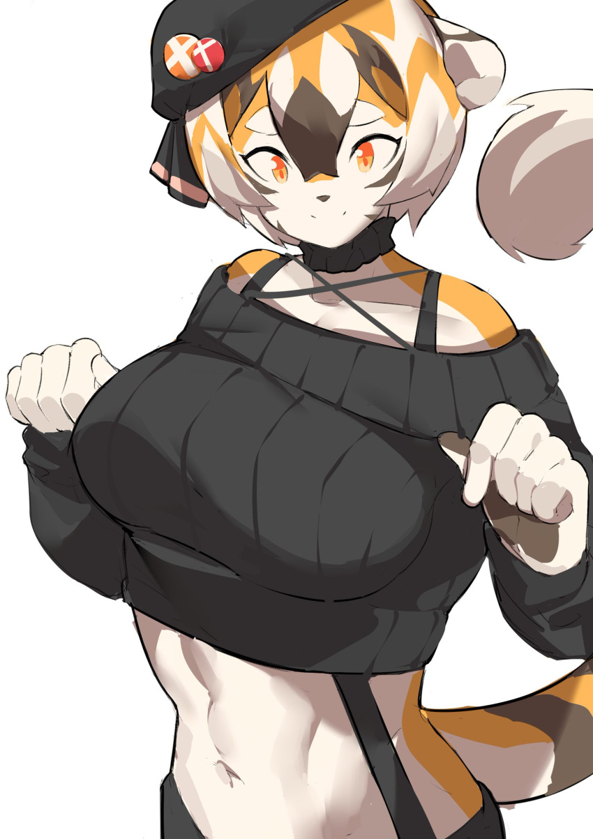 1girls anthro aspirindabaitu big_breasts black_clothes black_clothing black_hat breasts brown_fur brown_hair female female_focus female_only mei_xiang mx99926 neckwear orange_eyes orange_fur orange_hair smile smiling solo solo_female tagme tail tiger tiger_girl waai_fu_(arknights) white_background white_fur white_hair