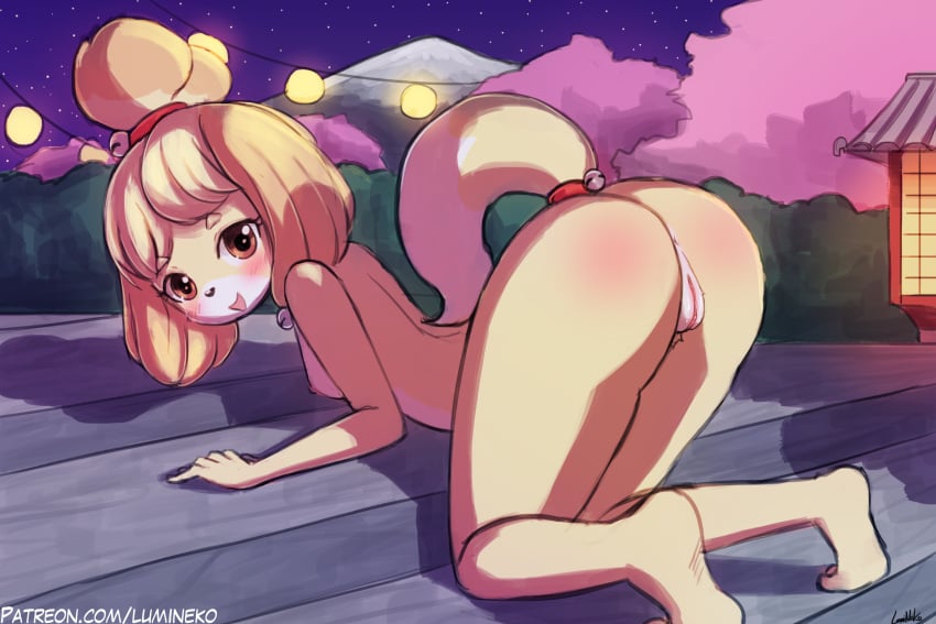 1girls animal_crossing anus ass blush breasts dog female female_only fur furry furry_only isabelle_(animal_crossing) looking_at_viewer lumineko nintendo nude open_mouth pussy solo tail