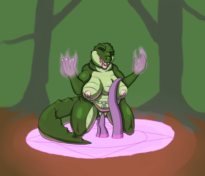 alligator alligatorid anthro breast_grab breasts crocodilian female genitals hand_on_breast hi_res implied_anal_penetration magic nude overweight penetration pussy reptile scalie slightly_chubby solo summoning_circle tentacle tentacle_penetration tentacle_sex vaginal_penetration vaginal_penetration valsion