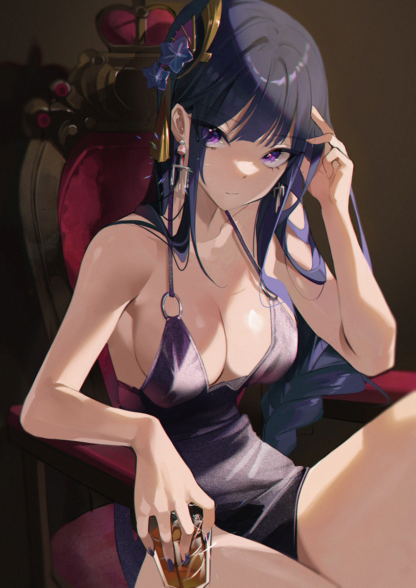 1girls alcohol bare_arms bare_shoulders blush breasts buri_(retty9349) cleavage dress earrings female genshin_impact glass halter_dress halterneck jewelry light-skinned_female light_skin medium_breasts nail_polish purple_eyes purple_hair raiden_shogun retty2706 revealing_clothes short_dress sideboob sitting solo thighs