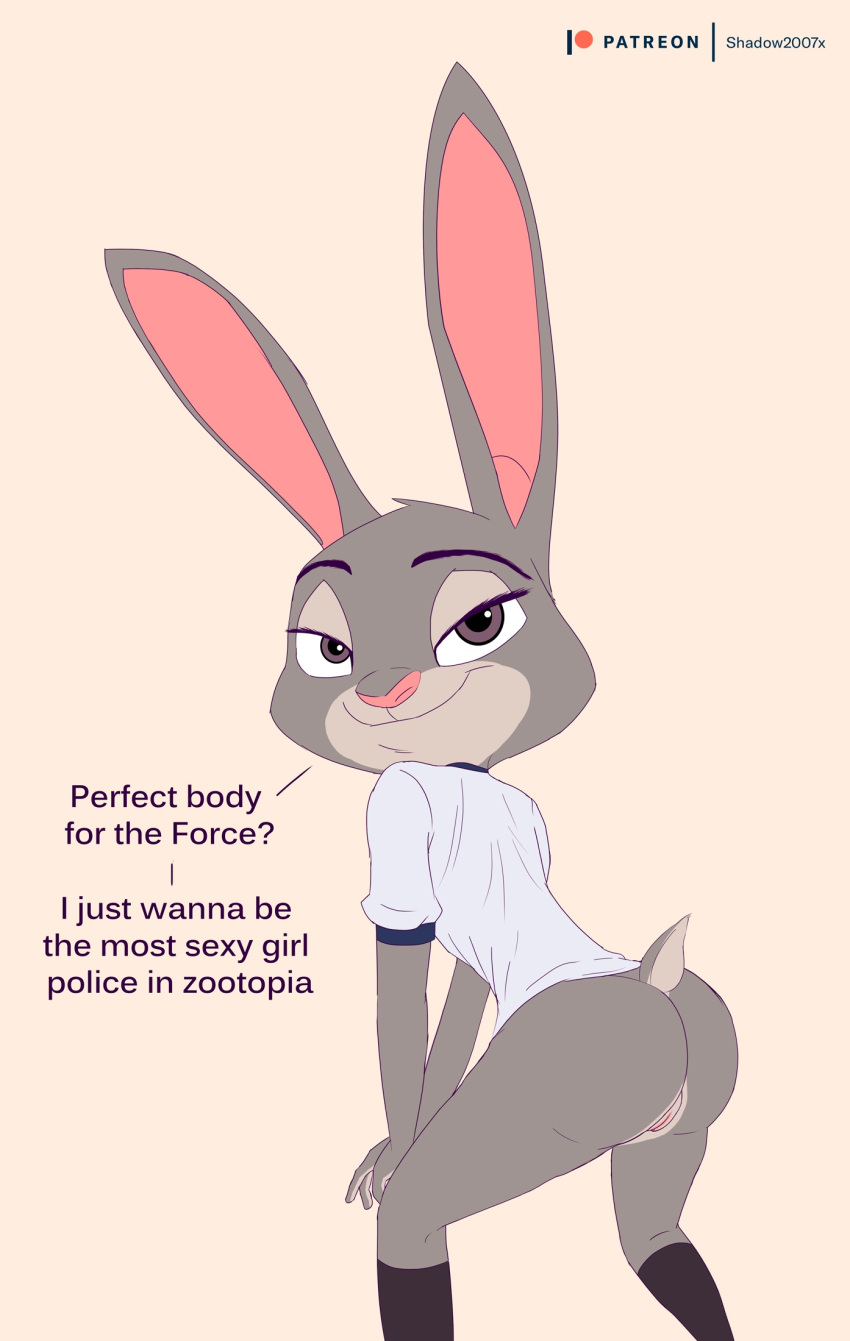 2016 clothing digital_media_(artwork) disney english_text exhibitionism hi_res judy_hopps pussy rabbit shadow2007x shaking shaking_ass shaking_butt sportswear workout workout_clothes zootopia