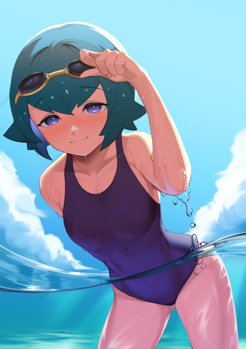 1girls bare_shoulders blue_eyes blue_hair blush cute female female_only freckles glasses_on_head highres komadera lana_(pokemon) legs light-skinned_female looking_at_viewer looking_down ocean one-piece_swimsuit outdoors partially_submerged partially_underwater_shot pokemon pokemon_sm short_hair sky small_breasts smile solo standing swimming_goggles swimsuit underwater wading water wet wet_skin