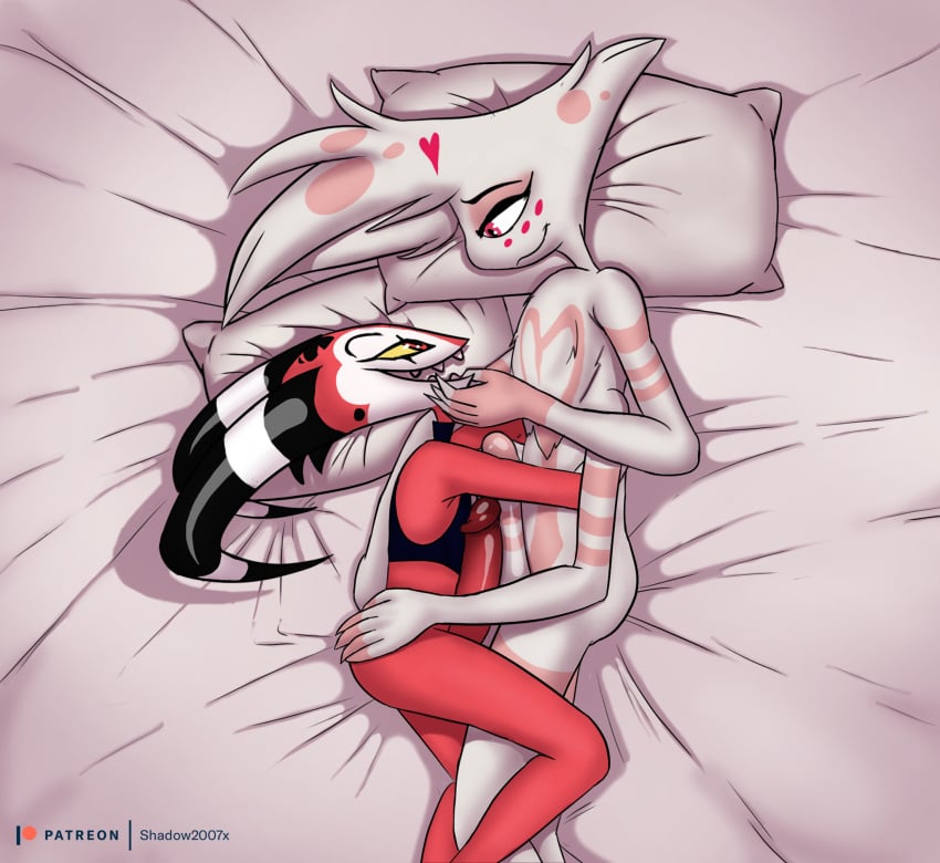 2022 angel_dust_(hazbin_hotel) bedroom blitzo_(helluva_boss) commission cuddling digital_media_(artwork) gay hazbin_hotel helluva_boss hi_res large_penis male_only on_bed shadow2007x uncensored