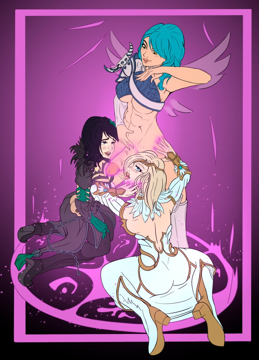 althena_stone black_hair blonde_hair blue_hair futanari guild_wars guild_wars_2 illusion kasmeer_meade magic marjory_delaqua salkini_commission threesome