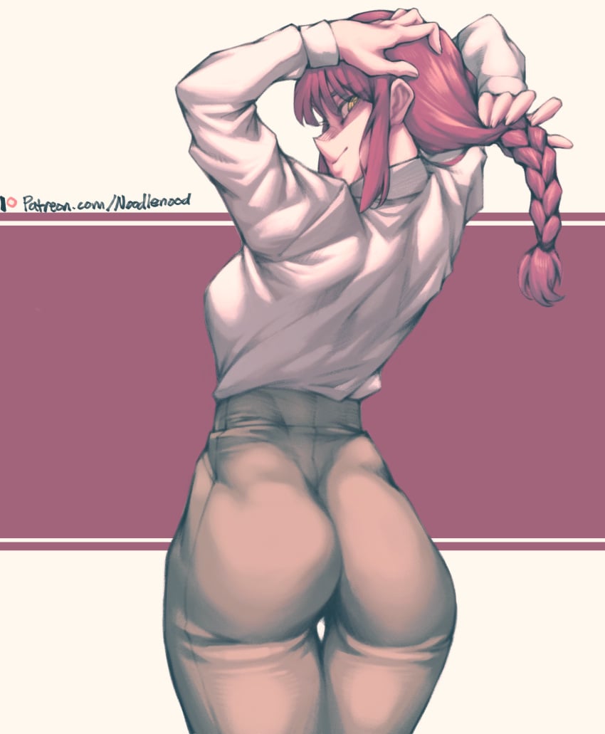 1girls aroodnoodle ass_focus big_ass chainsaw_man curvy long_hair looking_back makima_(chainsaw_man) mature_female mature_woman medium_breasts noodlenood office_clothing red_hair shirt_tucked_in thick_ass thick_thighs tucked_shirt wide_hips