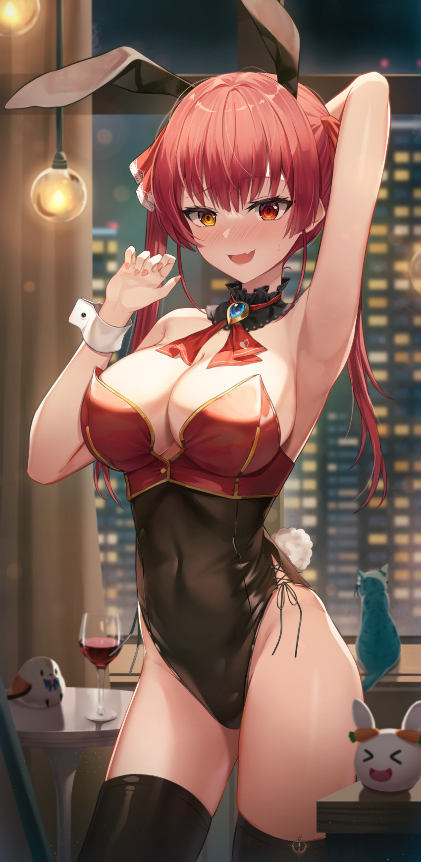 armpits blush bunnysuit heterochromia hololive hololive_fantasy hololive_japan houshou_marine long_hair red_eyes red_hair shuvi_(shuvi1125) smile twintails virtual_youtuber yellow_eyes