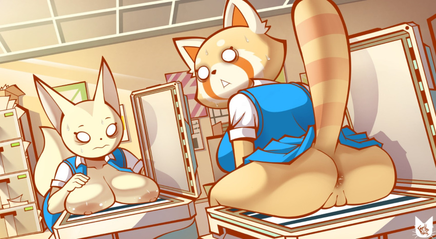 aggressive_retsuko ailurid anthro biped bodily_fluids bottomwear box breasts canid canine caught_off_guard clothing container duo embarrassed female fennec fenneko fox genitals hi_res looking_at_viewer mammal nipples office office_clothing office_lady pussy raised_tail red_panda retsuko sanrio scanner skirt smooth_fur sweat tophatmahoney